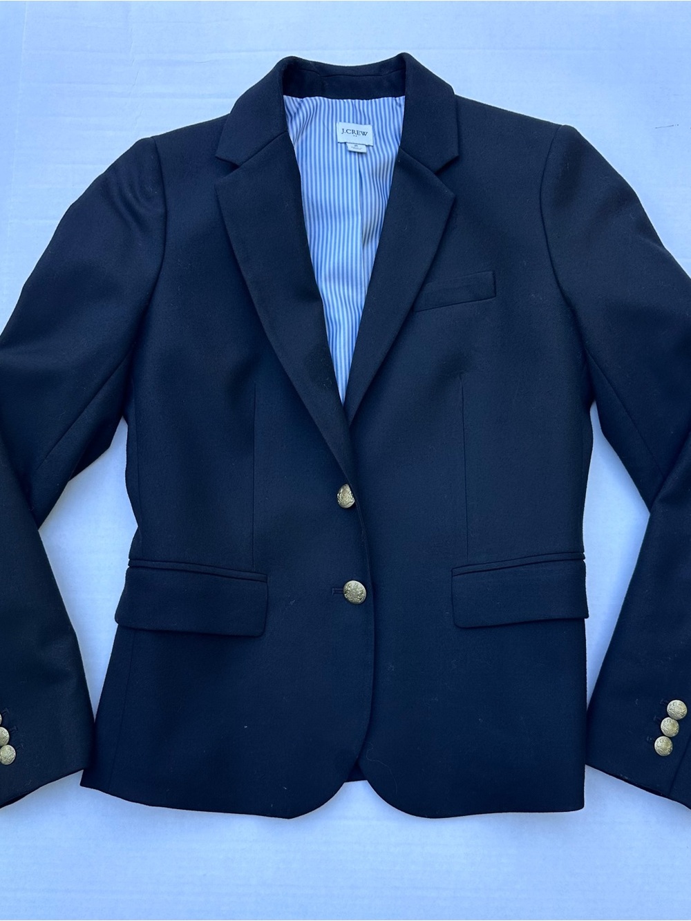 **Coming Soon** J. Crew Women’s S Black Blazer, Gold Buttons, striped lining.